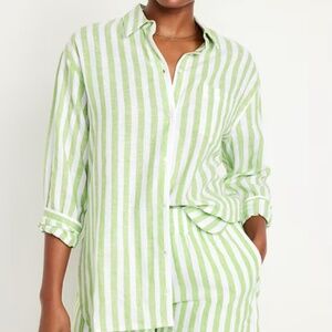 Old Navy Linen-Blend Striped Boyfriend Shirt - Green Stripe